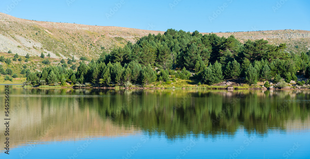 Mountain covered by green pine forest reflected on the water lake in Neila lagoons natural park in morning daylight, Neila, Burgos, Spain