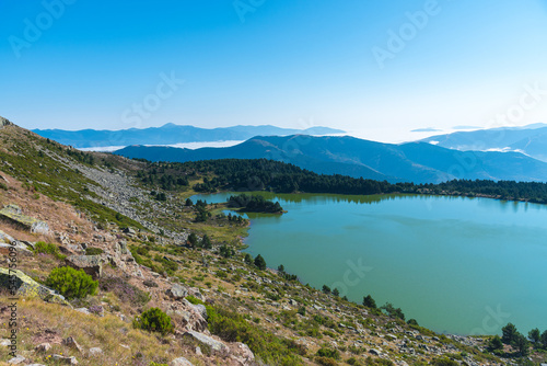 Scenic view of a blue lake surrounded by high mountains with tiny colorful flowers in the foreground, Neila Lagoons Natural Park, Burgos, Spain