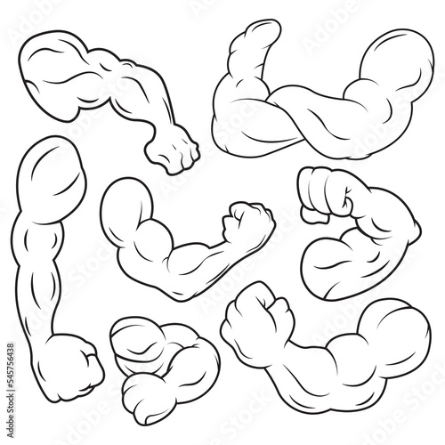 Outline muscular hand collection. Muscle arm vector illustration