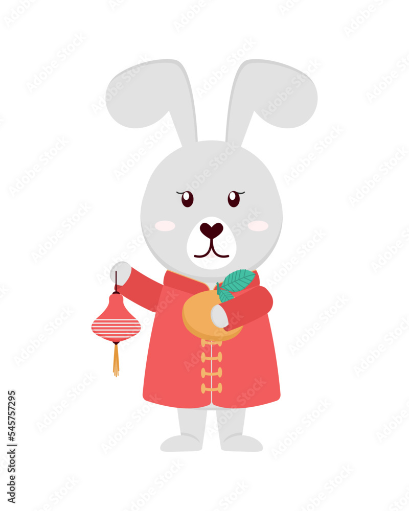 Rabbit in traditional Chinese dress with a kumquat and a lantern in paws. Flat style. Rabbit in traditional Chinese dress with a kumquat and a lantern in paws. Flat style.