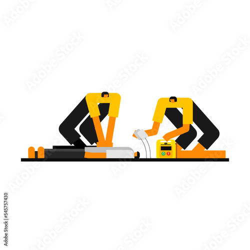Cartoon characters of cardiopulmonary by twos persons. Illustration of CPR with AED.