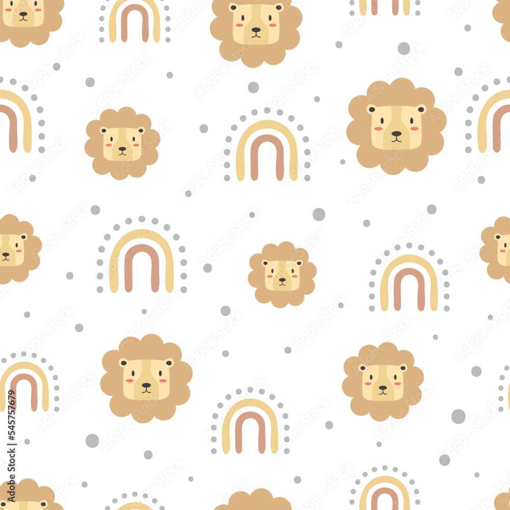 Cute lion heads with rainbows seamless vector pattern Cute lion heads with rainbows seamless vector pattern