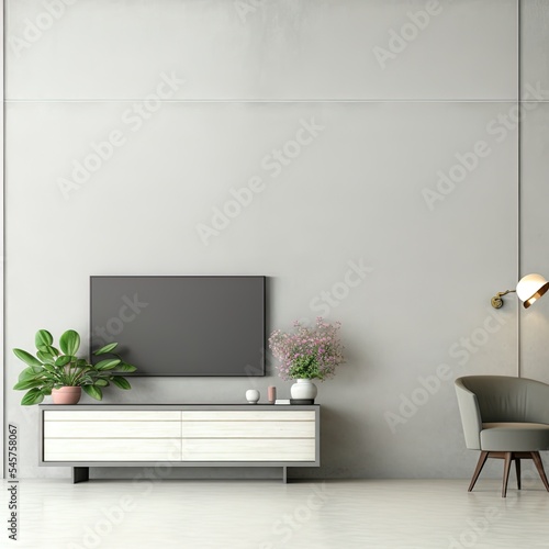 Cabinet for TV in modern living room with armchair,lamp,table,flower and plant on concrete wall background.3D rendering