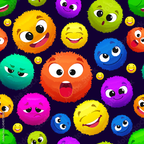 Fluffy emoticons pattern. colored round fluffy characters. Vector seamless background