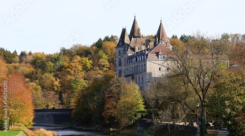 Panoramic landscape with castle of Durbuy and the river Ourthe. photo