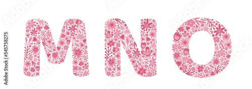 Floral letters M, N, O. Font of pink flowers. Alphabet. Doodle. Vector