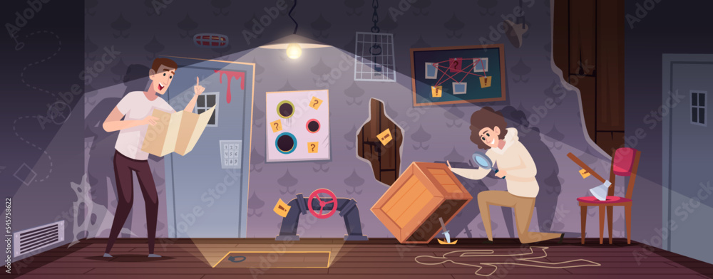 Quest Riddle Background Quest rooms. Playground interior with questions and riddles puzzles and ...