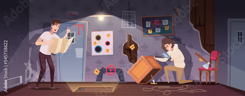 Quest rooms. Playground interior with questions and riddles puzzles and secrets exact vector cartoon background
