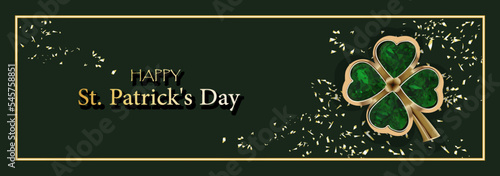 CLOVER SHEET on a green background. JEWELERY. Golden clover. Chic postcard for Saint Patricks Day. Horizontal format..