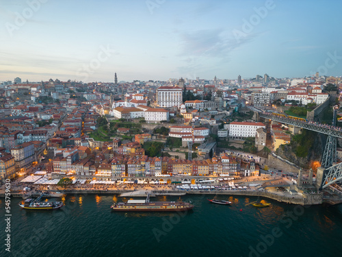 Aerial view of Porto  Gaia  Ribeira and Douro River at sunset