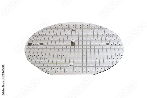 Semiconductor chip of a microcircuit of a powerful Darlington transistor on a semiconductor silicon multilayer wafer isolated on a white transparent background.