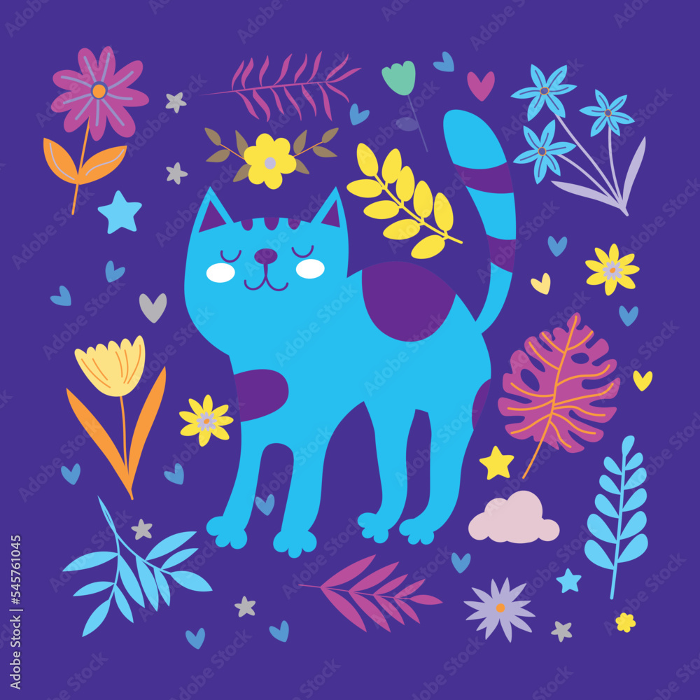 Fototapeta premium Colorful card with cat and flowers on dark background Scandinavian cartoon style. For web, posters, invitations, postcards, greeting cards, flyers, etc. EPS