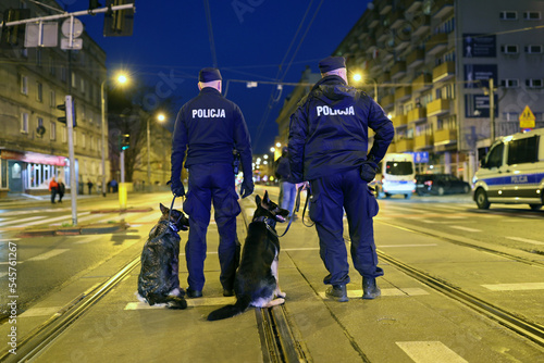 Policjant przewodnik psa podczas zabezpieczenia imprezy masowej. #545761267