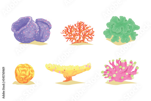Colorful Coral as Marine Growing Flora from Ocean Bottom Vector Set
