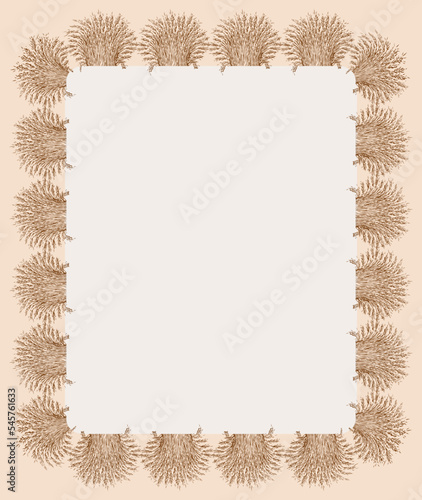 Decorative greeting card with border from sketches sheaves of ripe wheat