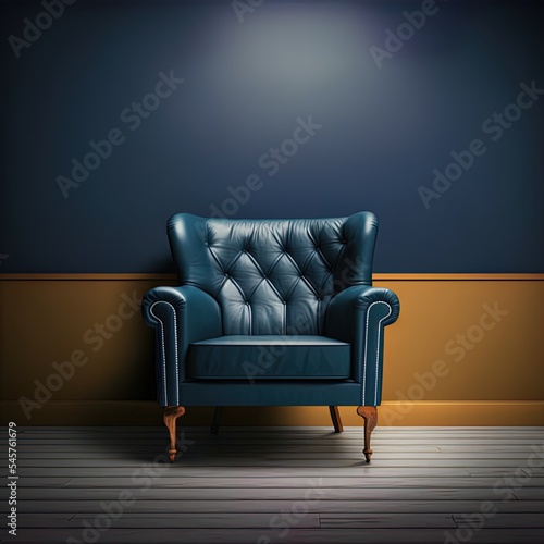 Armchair on empty dark blue wall background.3D rendering