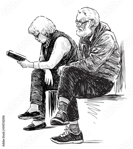 Sketch of couple elderly people sitting and resting on park bench