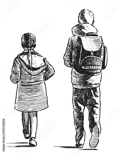 Sketch of schoolboy with small sister walking together outdoors