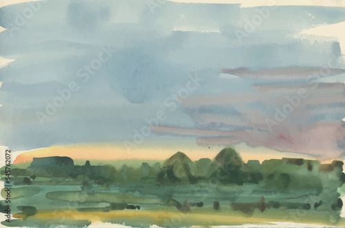 Watercolor vatercolor drawing of landscape of summer morning in village