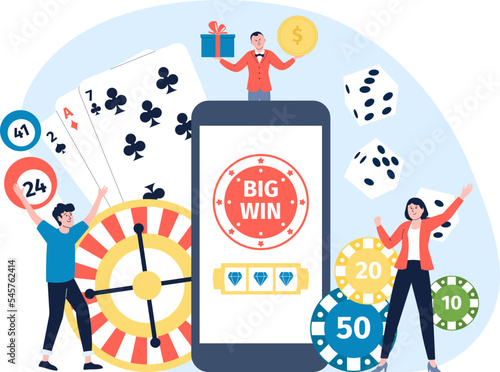 Online gambling concept. Internet casino, roulette or dice, poker and lottery. Happy jackpot winners. People gaming addiction, recent vector easy money business scene