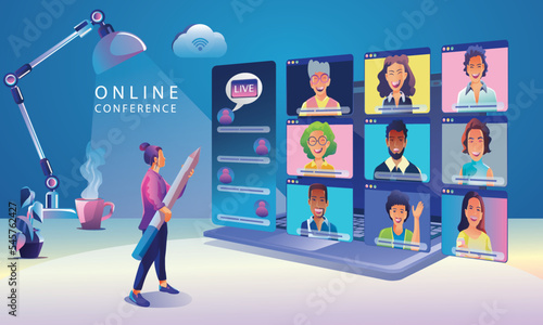 Virtual event People use Video conference landing Working Businessman on window screen taking with colleagues. Videoconferencing and online meeting workspace page, man and woman learning Vector, Flat