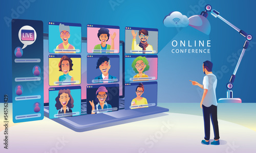 Virtual event People use Video conference landing Working Businessman on window screen taking with colleagues. Videoconferencing and online meeting workspace page, man and woman learning Vector, Flat