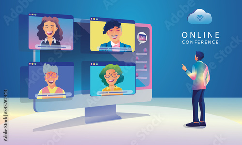 Virtual event People use Video conference landing Working Businessman on window screen taking with colleagues. Videoconferencing and online meeting workspace page, man and woman learning Vector, Flat