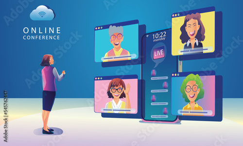 Virtual event People use Video conference landing Working Businessman on window screen taking with colleagues. Videoconferencing and online meeting workspace page, man and woman learning Vector, Flat