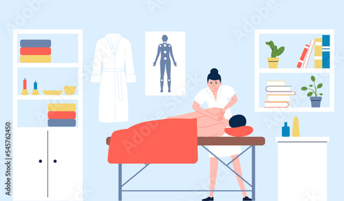 Massage concept. Back treatment and muscles relax. Doctor and patient on couch, spa wellness salon. Medical rehabilitation therapy recent vector scene