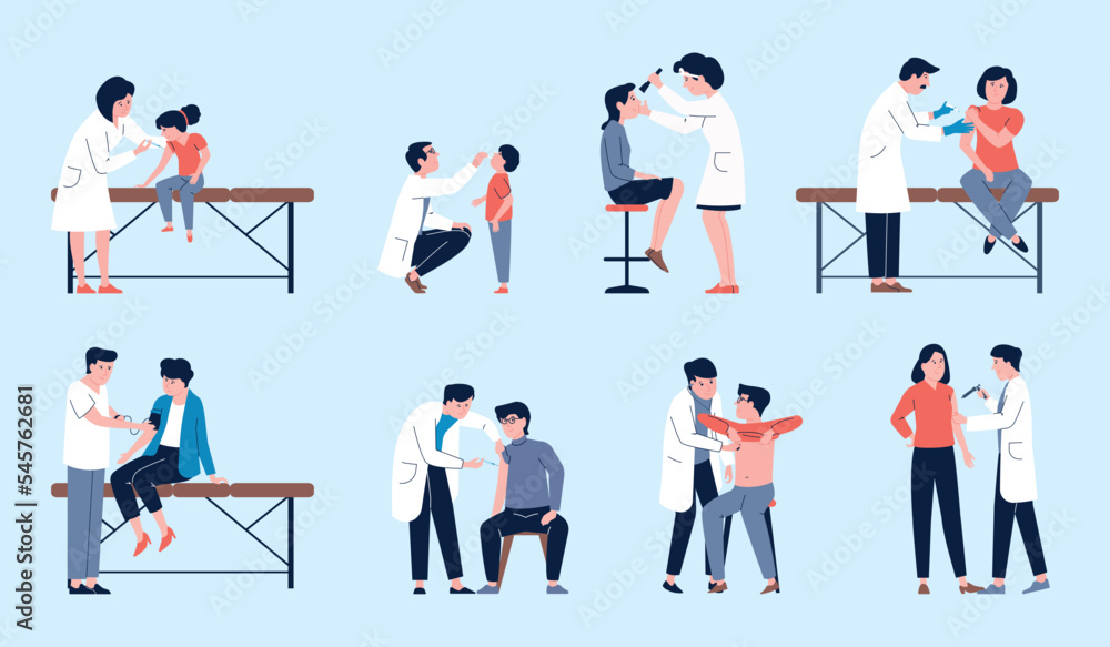 Vaccination and medical check up time. Patients various ages and doctors, injecting vaccine. Medicine characters, flat hospital recent vector scenes Vaccination and medical check up time. Patients various ages and doctors, injecting vaccine. Medicine characters, flat hospital recent vector scenes