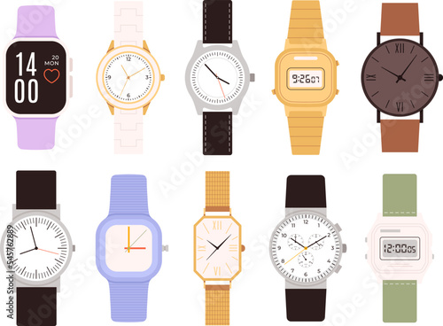 Smartwatch and wristwatch icons. Woman watch, modern and vintage isolated watches and clock. Hand accessories, digital business gadget racy vector set