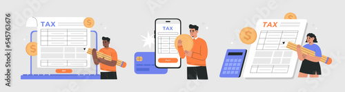 Tax payment concept, vector illustration set. Filling tax form online, paperwork, analysis and calculation tax return. Hand drawn vector illustration isolated on background, flat cartoon style