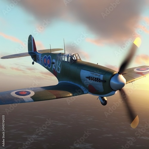 Fototapete Render of a ww2 Supermarine Spitfire 3D model in flight
