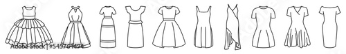 Women dress icon. Black linear dress icons set. Vector illustration. Female fashion concept