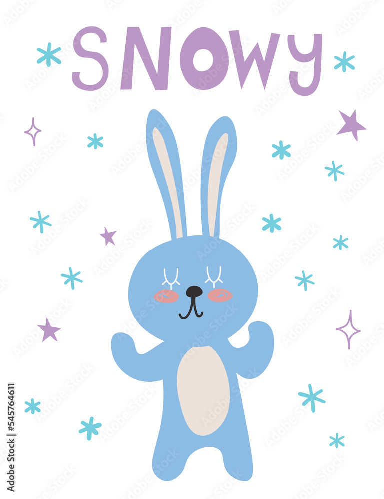 Cute rabbit with Snowy text snowflakes background, bunny greeting gift design template, Flat design vector Illustration EPS Cute rabbit with Snowy text snowflakes background, bunny greeting gift design template, Flat design vector Illustration EPS