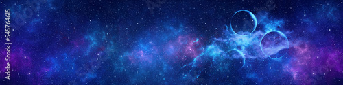Nebula, stars and planets in night sky web banner. Space background.