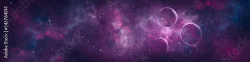 Nebula, stars and planets in night sky web banner. Space background.