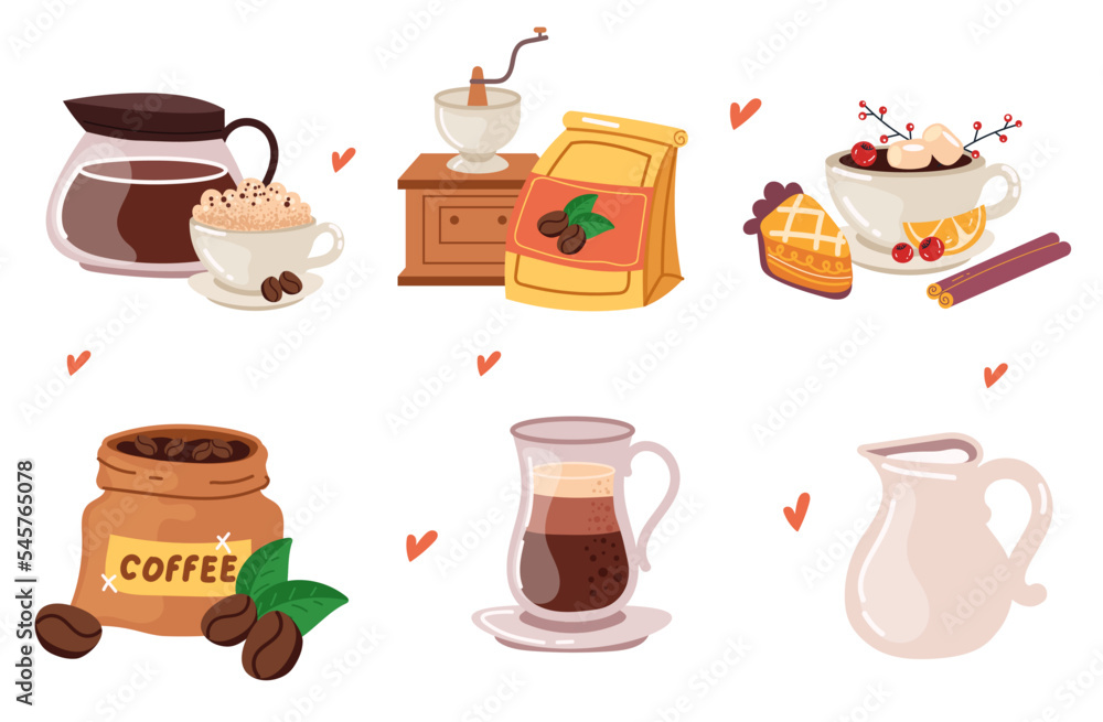 Coffee shop tools morning drink and sweet pie abstract set collection. Graphic design cartoon illustration