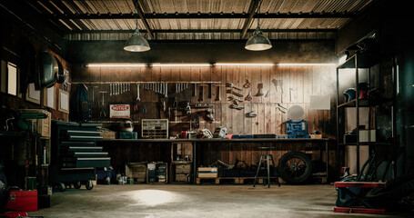 Tableau sur plexiglas Moto Outils anciens accrochés au mur d'atelier  © Win