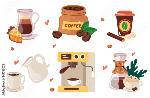 Coffee shop tools morning drink and sweet pie abstract set collection. Graphic design cartoon illustration