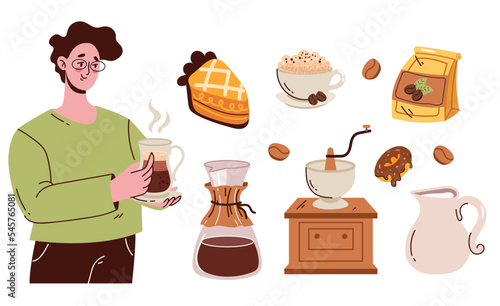Coffee shop tools morning drink and sweet pie abstract set collection. Graphic design cartoon illustration