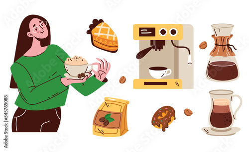 Coffee shop tools morning drink and sweet pie abstract set collection. Graphic design cartoon illustration