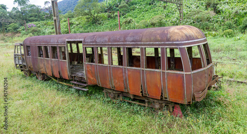 Abandoned old rusty antique train car in Paranapiacaba, Sao Paulo, Brazil