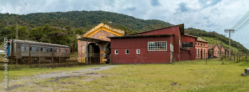 Old trains, locomotive and shed on railroad in Paranapiacaba, Sao Paulo, Brazil photo