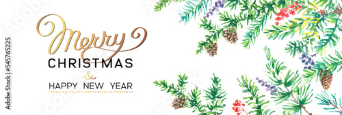 Vector illustration of Christmas Background with branches of christmas tree on white in watercolor style. Happy new year greeting.