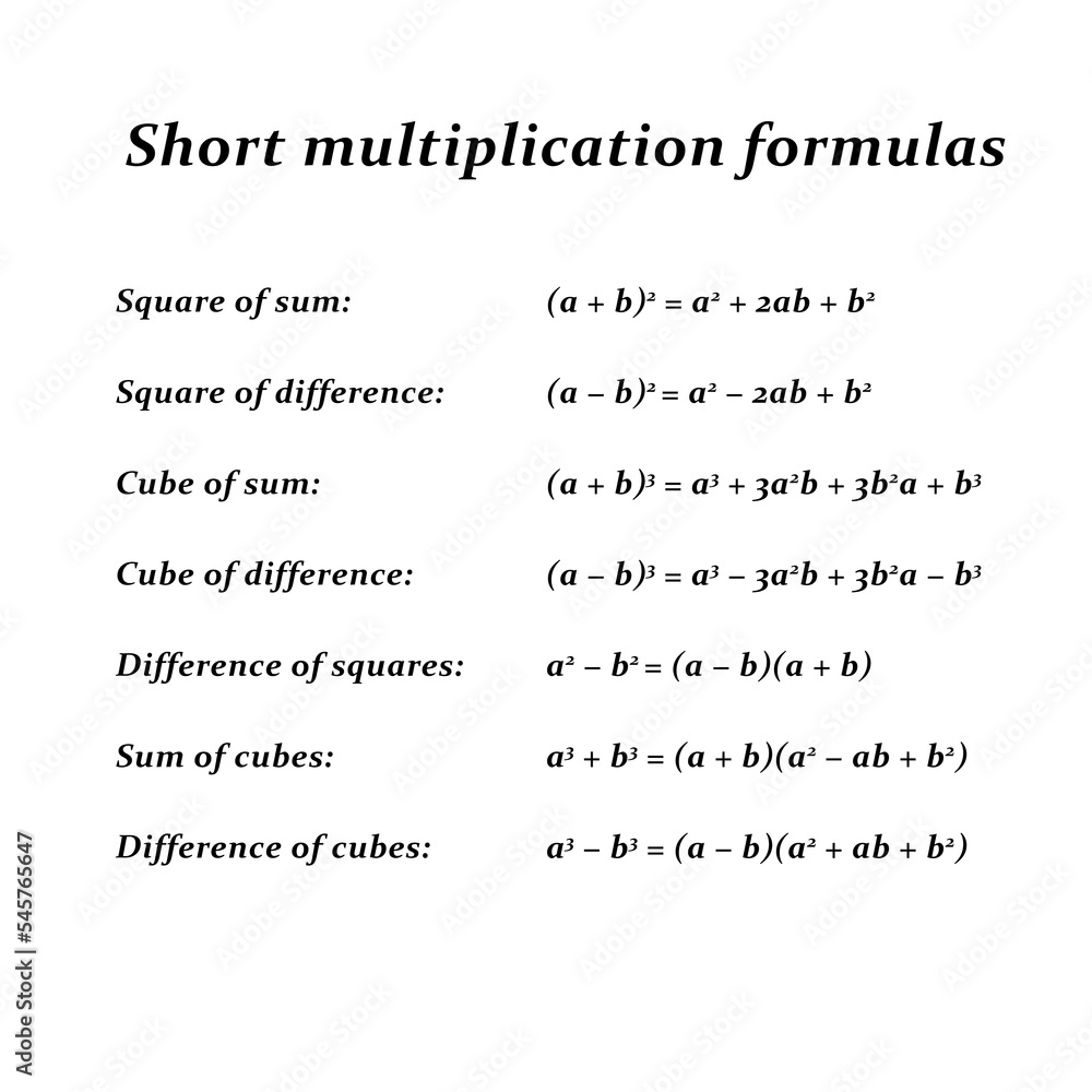 Short multiplication formulas. Mathematics formulas Stock Illustration