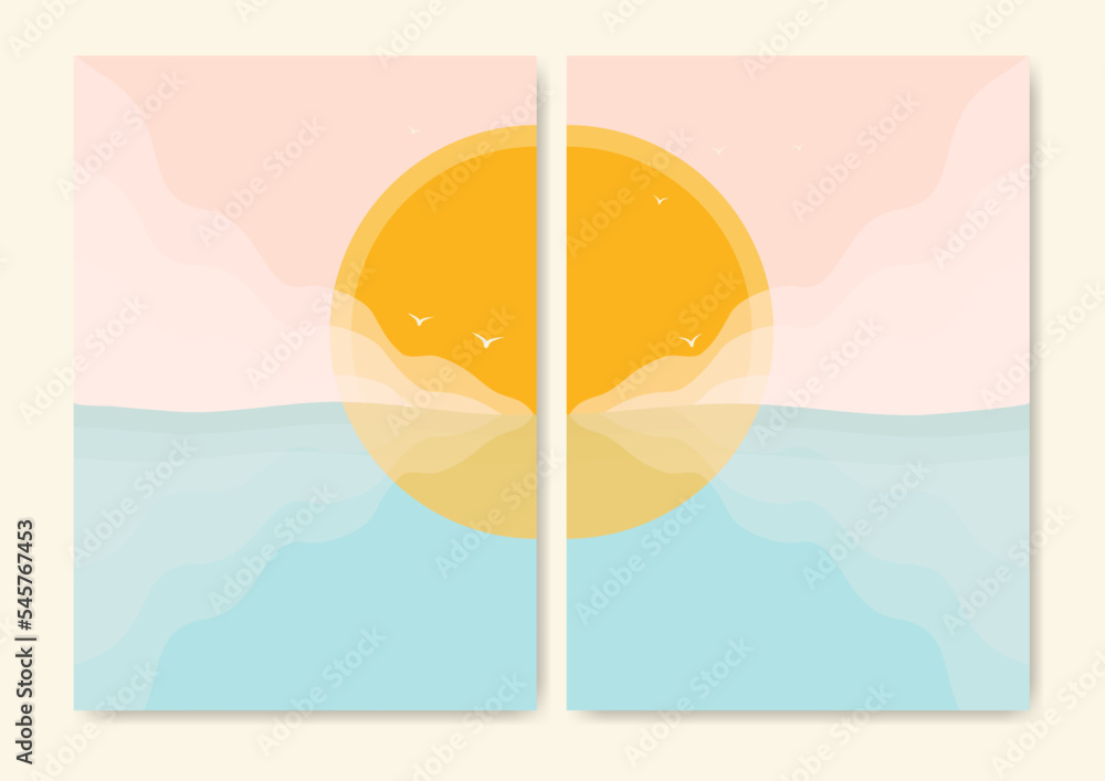Fototapeta premium Minimalistic modern ocean side print. Ocean wave and sun