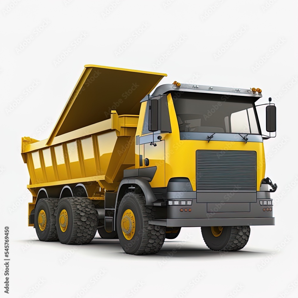 Generic dump truck with yellow cabin and unloaded rocks, front right view, photorealistic 3D Illustration, isolated on the white background.