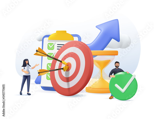 3D people developing self control system isolated 3D render vector illustration. Business success. Metaphor of target and goal achievement for productive work. Time management and development concept