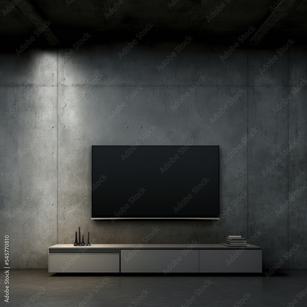 Mockup a TV wall mounted in a dark room with concrete wall.3d rendering